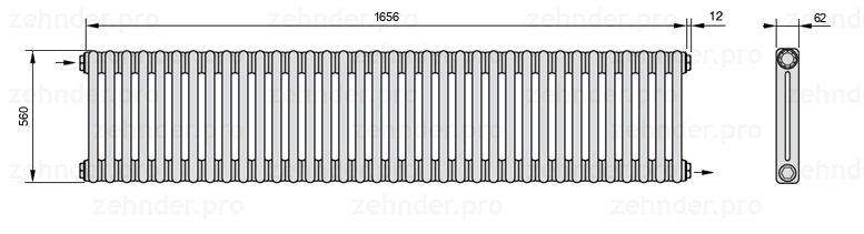 Схема (чертеж) Радиатор Zehnder Charleston 2056/36 №1670 Белый глянцевый RAL 9016